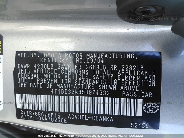 4T1BE32K85U974332 - 2005 TOYOTA CAMRY LE/XLE/SE SILVER photo 9