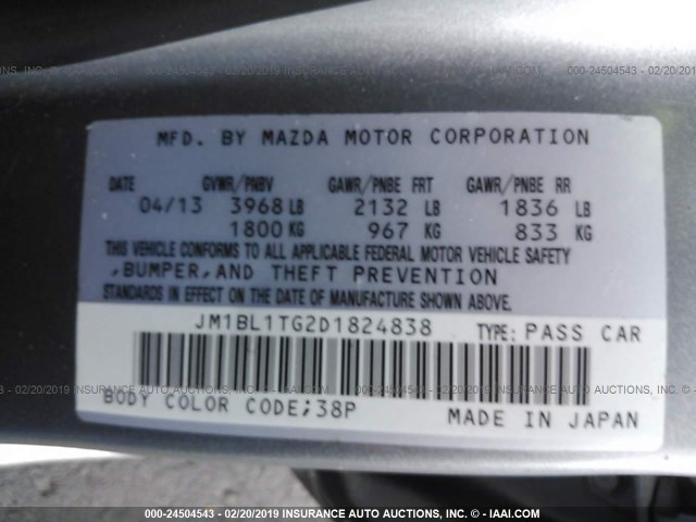 JM1BL1TG2D1824838 - 2013 MAZDA 3 I SILVER photo 9