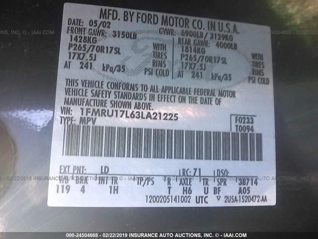 1FMRU17L63LA21225 - 2003 FORD EXPEDITION EDDIE BAUER BLUE photo 9