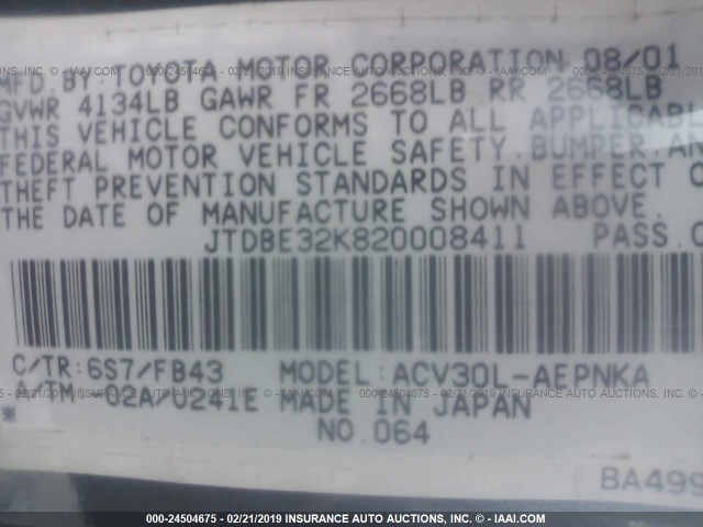 JTDBE32K820008411 - 2002 TOYOTA CAMRY LE/XLE/SE GREEN photo 9