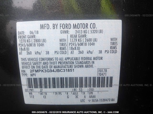 2FMPK3G94JBC31851 - 2018 FORD EDGE SE GRAY photo 9