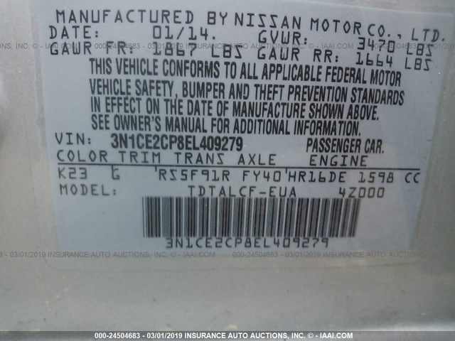 3N1CE2CP8EL409279 - 2014 NISSAN VERSA NOTE S/S PLUS/SV/SL SILVER photo 9