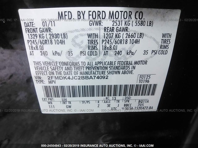 2FMDK4JC2BBA74092 - 2011 FORD EDGE SEL BLACK photo 9