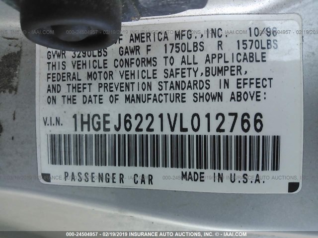 1HGEJ6221VL012766 - 1997 HONDA CIVIC DX SILVER photo 9