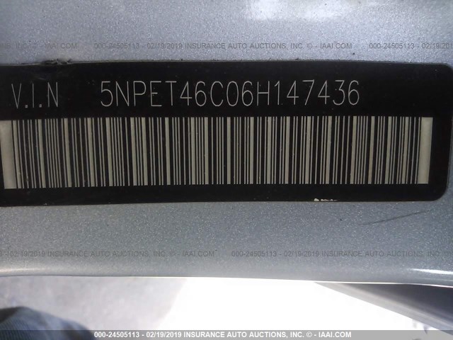 5NPET46C06H147436 - 2006 HYUNDAI SONATA GL SILVER photo 9