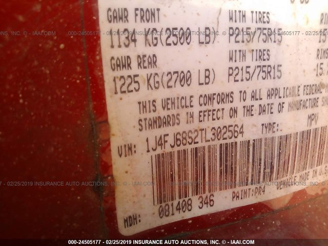 1J4FJ68S2TL302564 - 1996 JEEP CHEROKEE SPORT/CLASSIC წითელი ფოტო 9