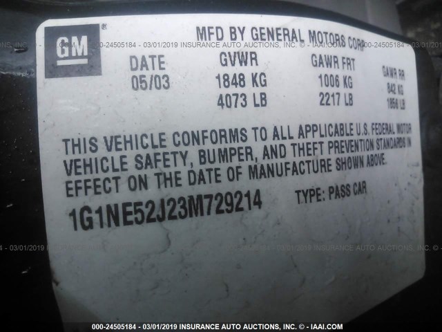 1G1NE52J23M729214 - 2003 CHEVROLET MALIBU LS BLACK photo 9