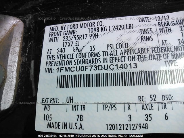 1FMCU0F73DUC14013 - 2013 FORD ESCAPE S BLACK photo 9