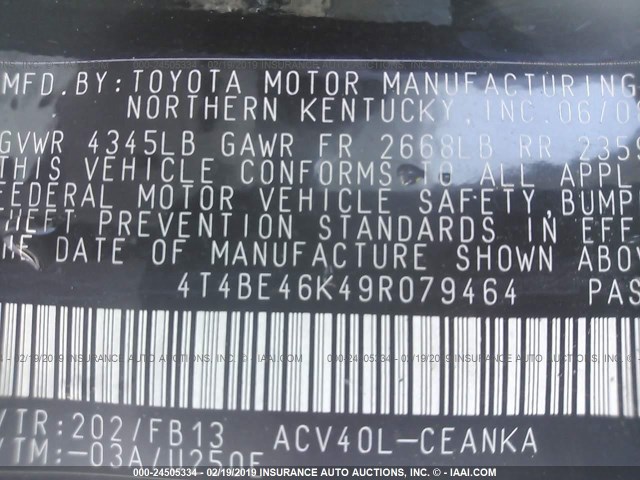 4T4BE46K49R079464 - 2009 TOYOTA CAMRY SE/LE/XLE 黑色 照片 9