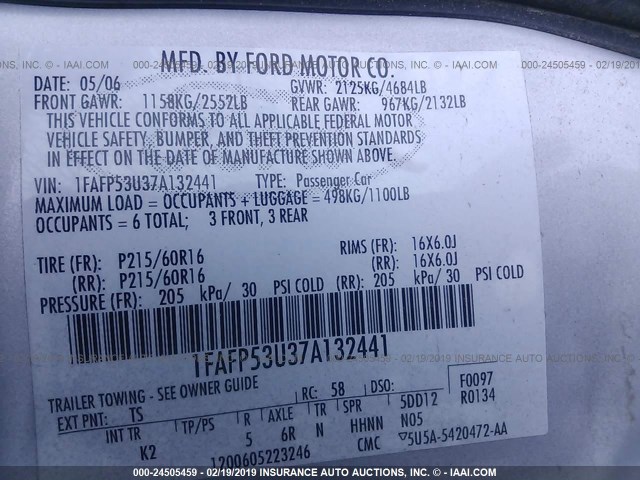 1FAFP53U37A132441 - 2007 FORD TAURUS SE SILVER photo 9