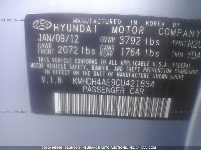 KMHDH4AE9CU421834 - 2012 HYUNDAI ELANTRA GLS/LIMITED Light Blue photo 9