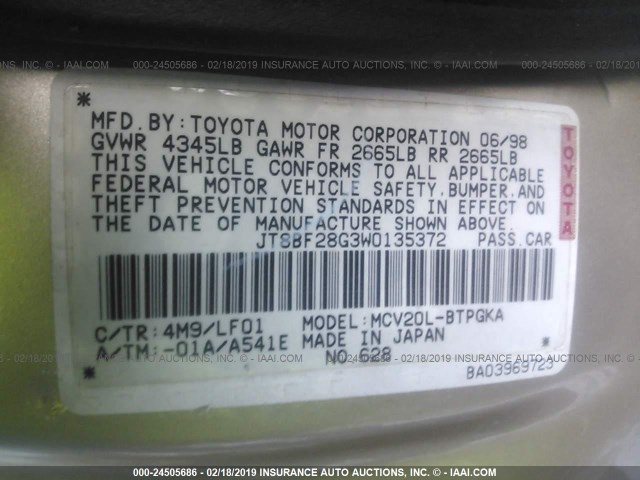 JT8BF28G3W0135372 - 1998 LEXUS ES 300 GOLD photo 9