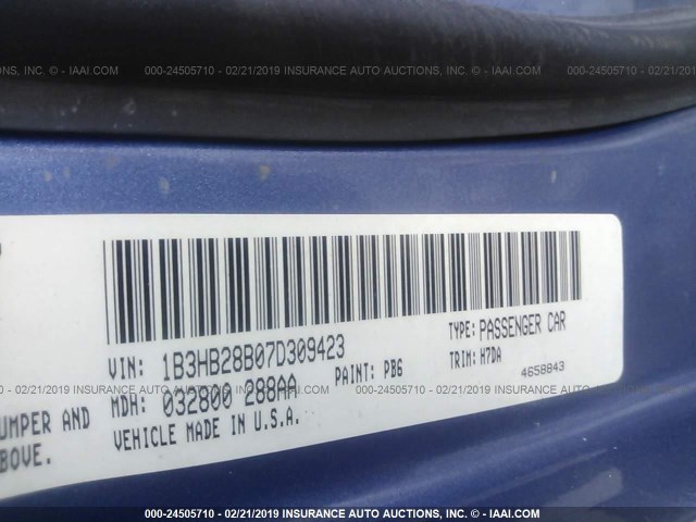 1B3HB28B07D309423 - 2007 DODGE CALIBER BLUE photo 9