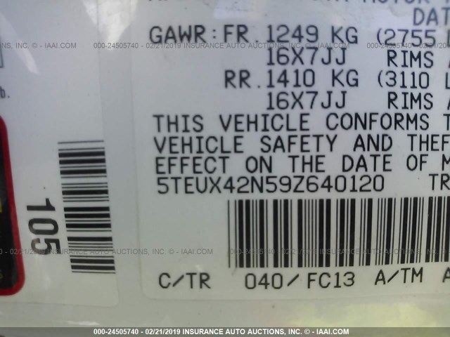 5TEUX42N59Z640120 - 2009 TOYOTA TACOMA ACCESS CAB თეთრი ფოტო 9