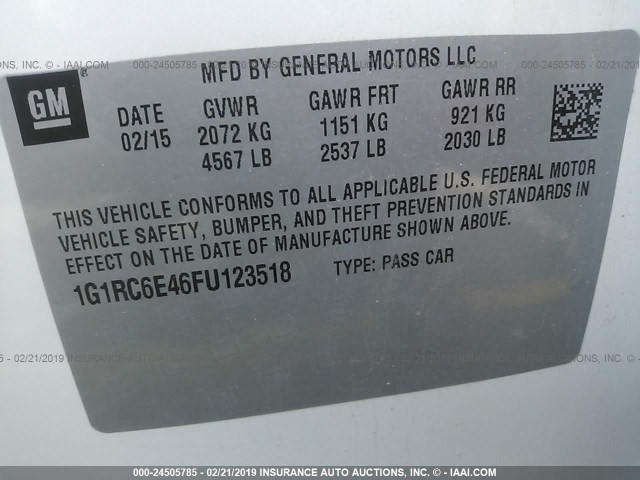 1G1RC6E46FU123518 - 2015 CHEVROLET VOLT WHITE photo 9