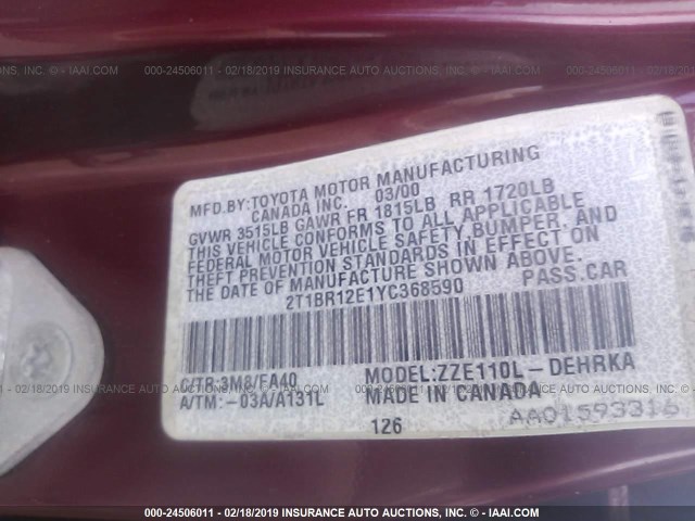 2T1BR12E1YC368590 - 2000 TOYOTA COROLLA VE/CE/LE MAROON photo 9