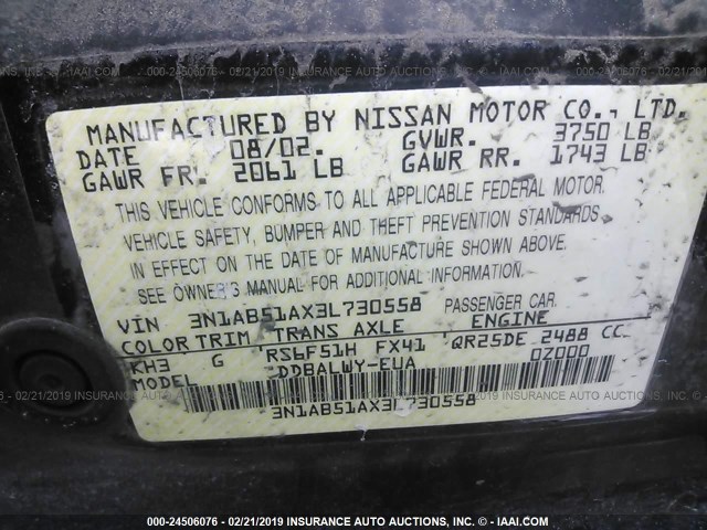 3N1AB51AX3L730558 - 2003 NISSAN SENTRA SE-R LIMITED BLACK photo 9