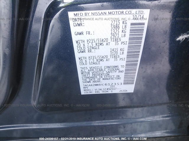 5N1AR2MM4FC612353 - 2015 NISSAN PATHFINDER S/SV/SL/PLATINUM BLUE photo 9