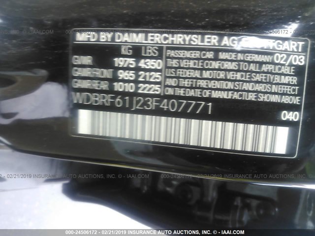 WDBRF61J23F407771 - 2003 MERCEDES-BENZ C 240 BLACK photo 9