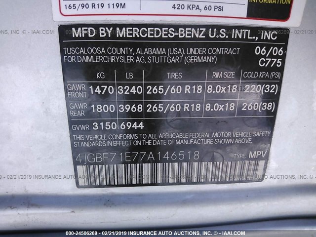 4JGBF71E77A146518 - 2007 MERCEDES-BENZ GL 450 4MATIC SILVER photo 9