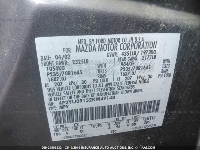 4F2YU09132KM49148 - 2002 MAZDA TRIBUTE LX/ES GRAY photo 9