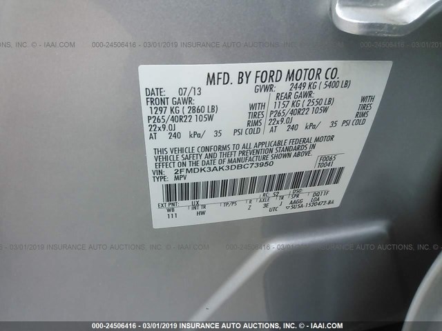 2FMDK3AK3DBC73950 - 2013 FORD EDGE SPORT SILVER photo 9