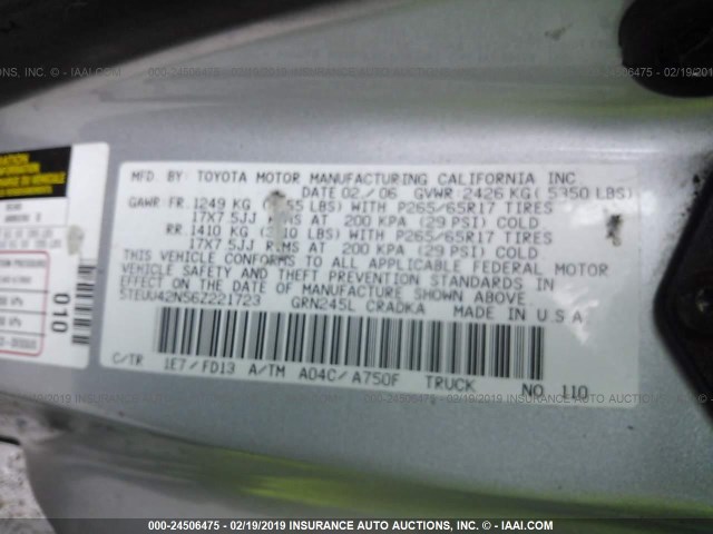 5TEUU42N56Z221723 - 2006 TOYOTA TACOMA ACCESS CAB ვერცხლისფერი ფოტო 9