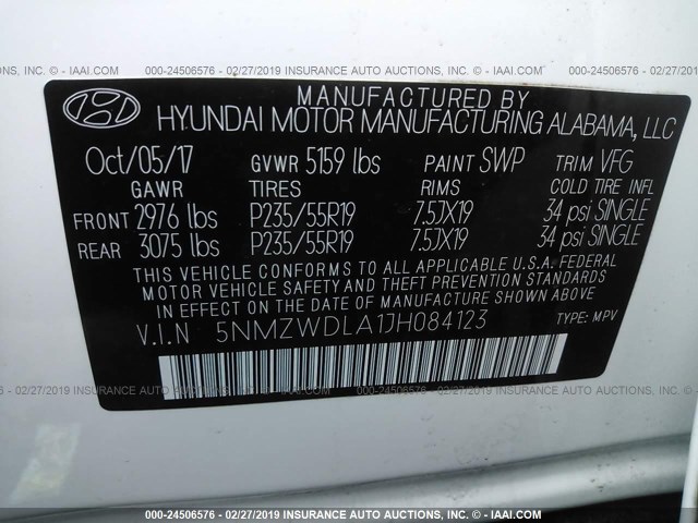 5NMZWDLA1JH084123 - 2018 HYUNDAI SANTA FE SPORT  WHITE photo 9