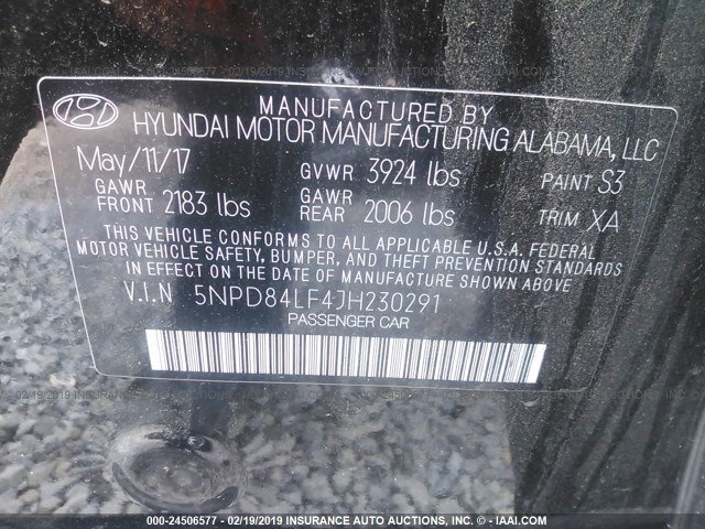 5NPD84LF4JH230291 - 2018 HYUNDAI ELANTRA SEL/VALUE/LIMITED BLACK photo 9