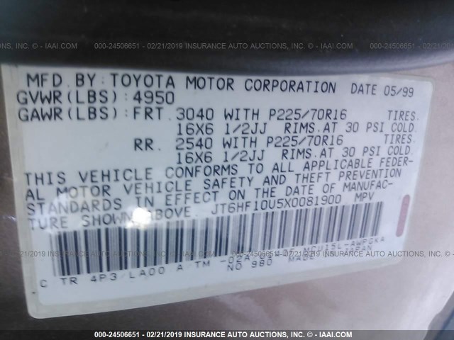 JT6HF10U5X0081900 - 1999 LEXUS RX 300 GOLD photo 9