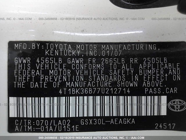 4T1BK36B77U212714 - 2007 TOYOTA AVALON XL/XLS/TOURING/LIMITED WHITE photo 9