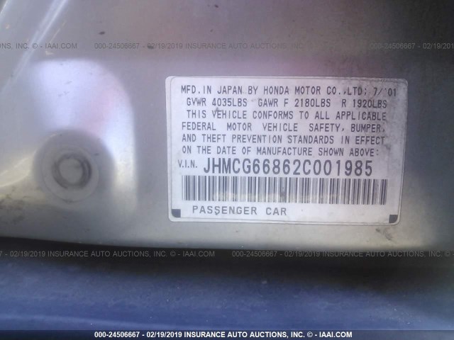 JHMCG66862C001985 - 2002 HONDA ACCORD EX/SE SILVER photo 9