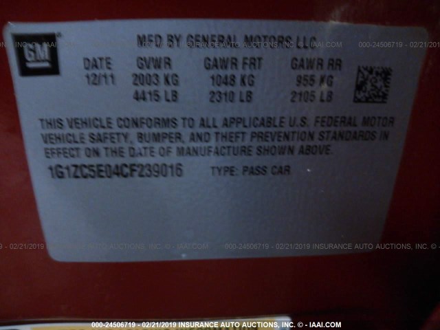 1G1ZC5E04CF239016 - 2012 CHEVROLET MALIBU 1LT წითელი ფოტო 9