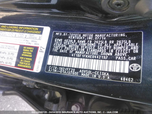 4T1BF1FK4EU442197 - 2014 TOYOTA CAMRY L/SE/LE/XLE ლურჯი ფოტო 9