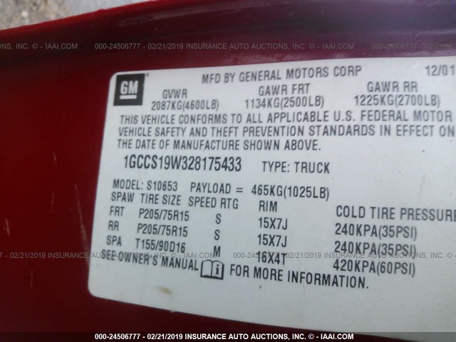 1GCCS19W328175433 - 2002 CHEVROLET S TRUCK S10 RED photo 9