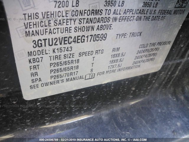 3GTU2VEC4EG170599 - 2014 GMC SIERRA K1500 SLT BLACK photo 9