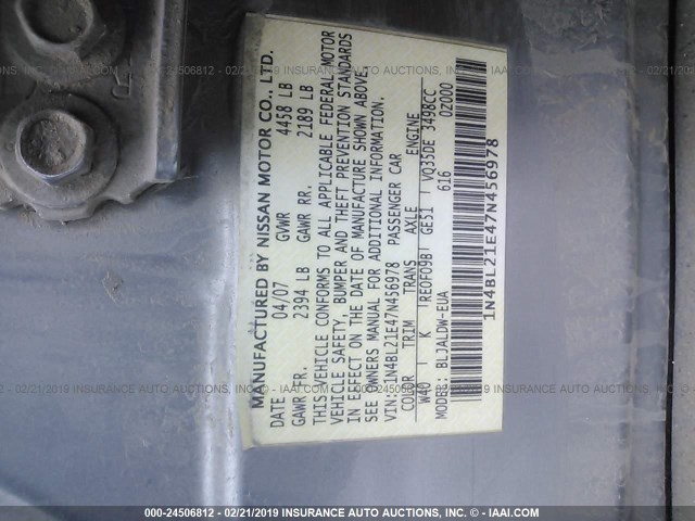 1N4BL21E47N456978 - 2007 NISSAN ALTIMA 3.5SE/3.5SL GRAY photo 9