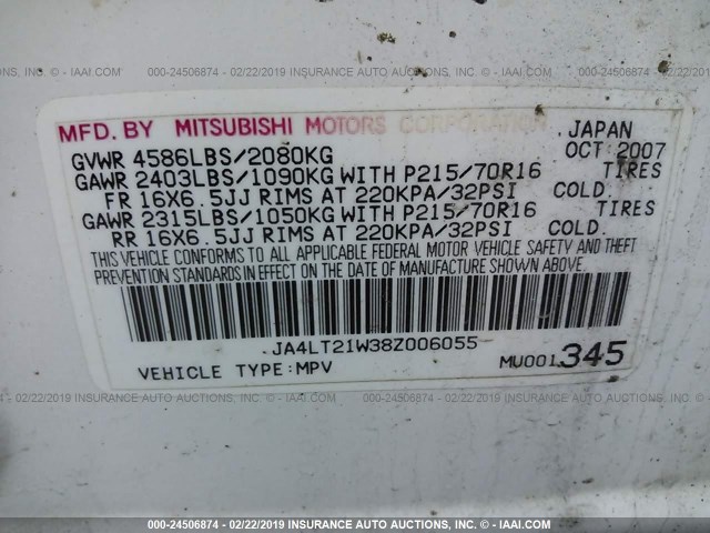 JA4LT21W38Z006055 - 2008 MITSUBISHI OUTLANDER ES WHITE photo 9