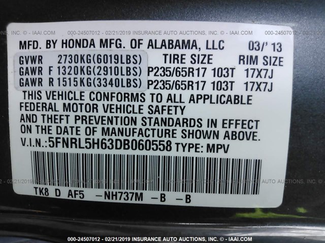 5FNRL5H63DB060558 - 2013 HONDA ODYSSEY EXL GRAY photo 9