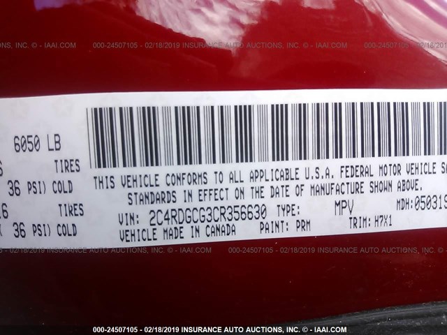 2C4RDGCG3CR356630 - 2012 DODGE GRAND CARAVAN SXT RED photo 9