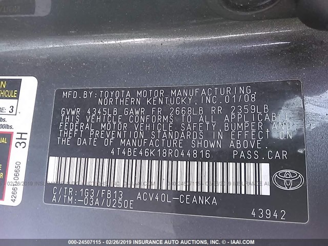 4T4BE46K18R044816 - 2008 TOYOTA CAMRY CE/LE/XLE/SE GRAY photo 9