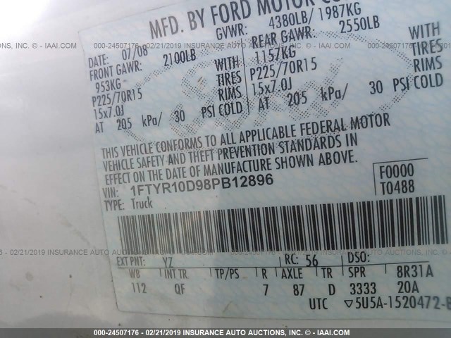 1FTYR10D98PB12896 - 2008 FORD RANGER WHITE photo 9