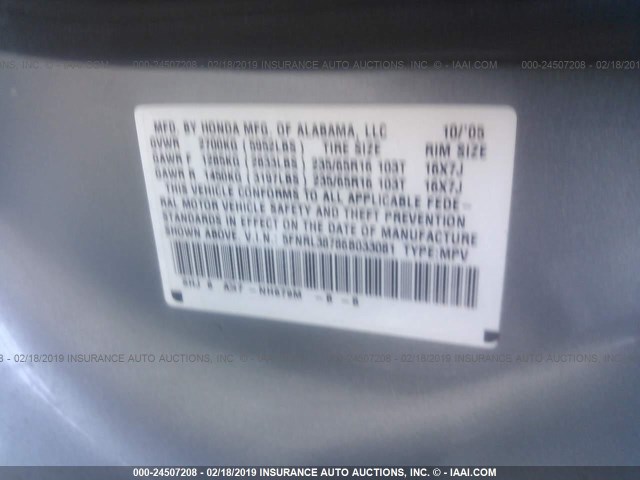 5FNRL38786B033081 - 2006 HONDA ODYSSEY EXL SILVER photo 9