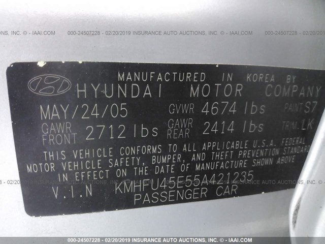 KMHFU45E55A421235 - 2005 HYUNDAI XG 350 SILVER photo 9