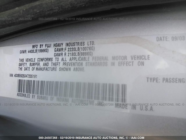 4S3BE625047205191 - 2004 SUBARU LEGACY L SPECIAL SILVER photo 9