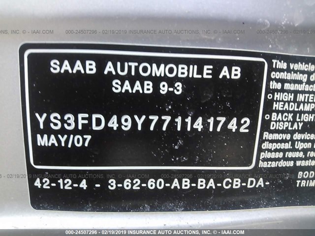 YS3FD49Y771141742 - 2007 SAAB 9-3 2.0T SILVER photo 9