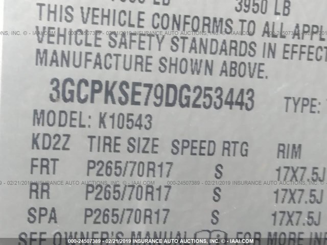 3GCPKSE79DG253443 - 2013 CHEVROLET SILVERADO K1500 LT SILVER photo 9