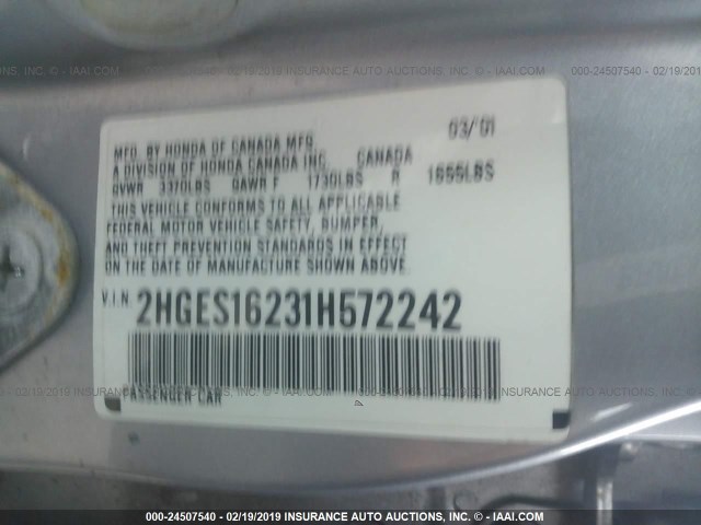 2HGES16231H572242 - 2001 HONDA CIVIC DX SILVER photo 9