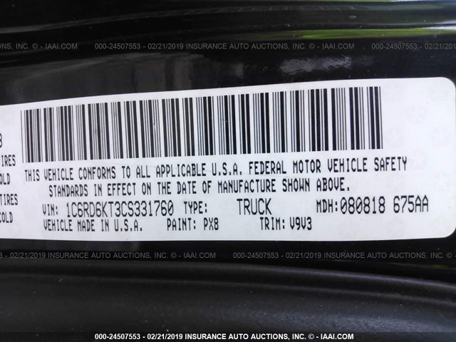 1C6RD6KT3CS331760 - 2012 DODGE RAM 1500 ST BLACK photo 9