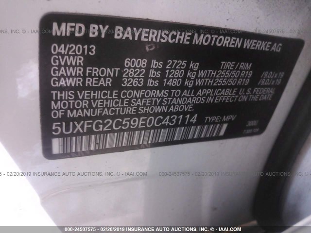 5UXFG2C59E0C43114 - 2014 BMW X6 XDRIVE35I WHITE photo 9